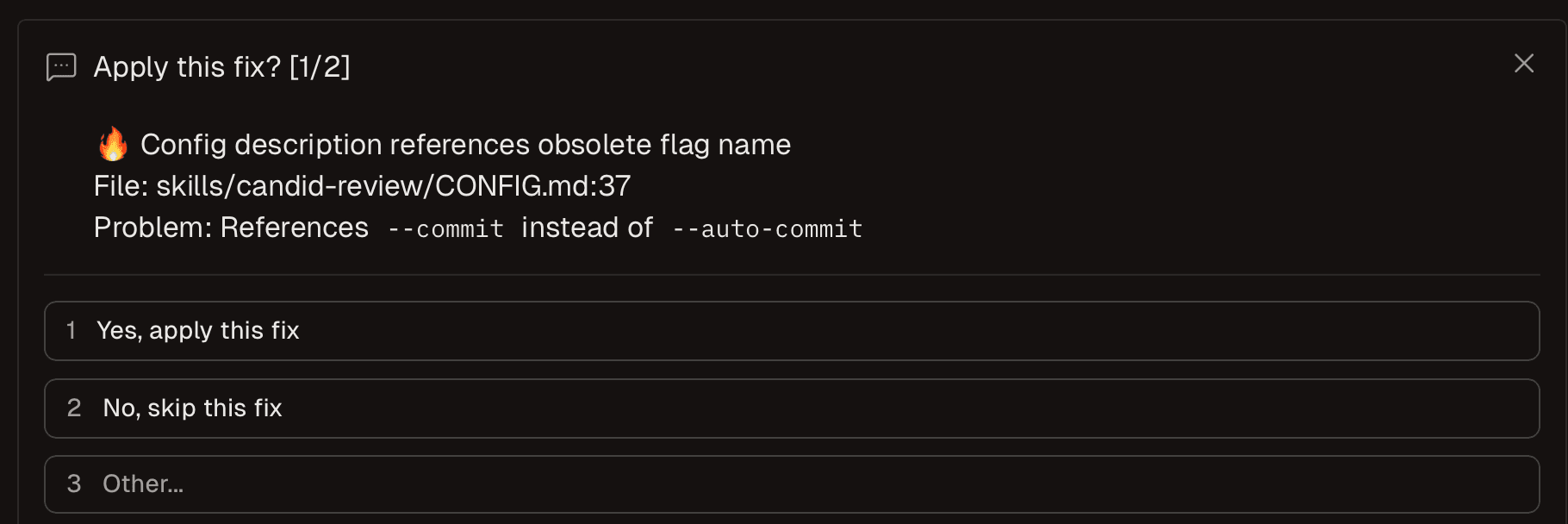 Apply fix dialog showing individual fix application options