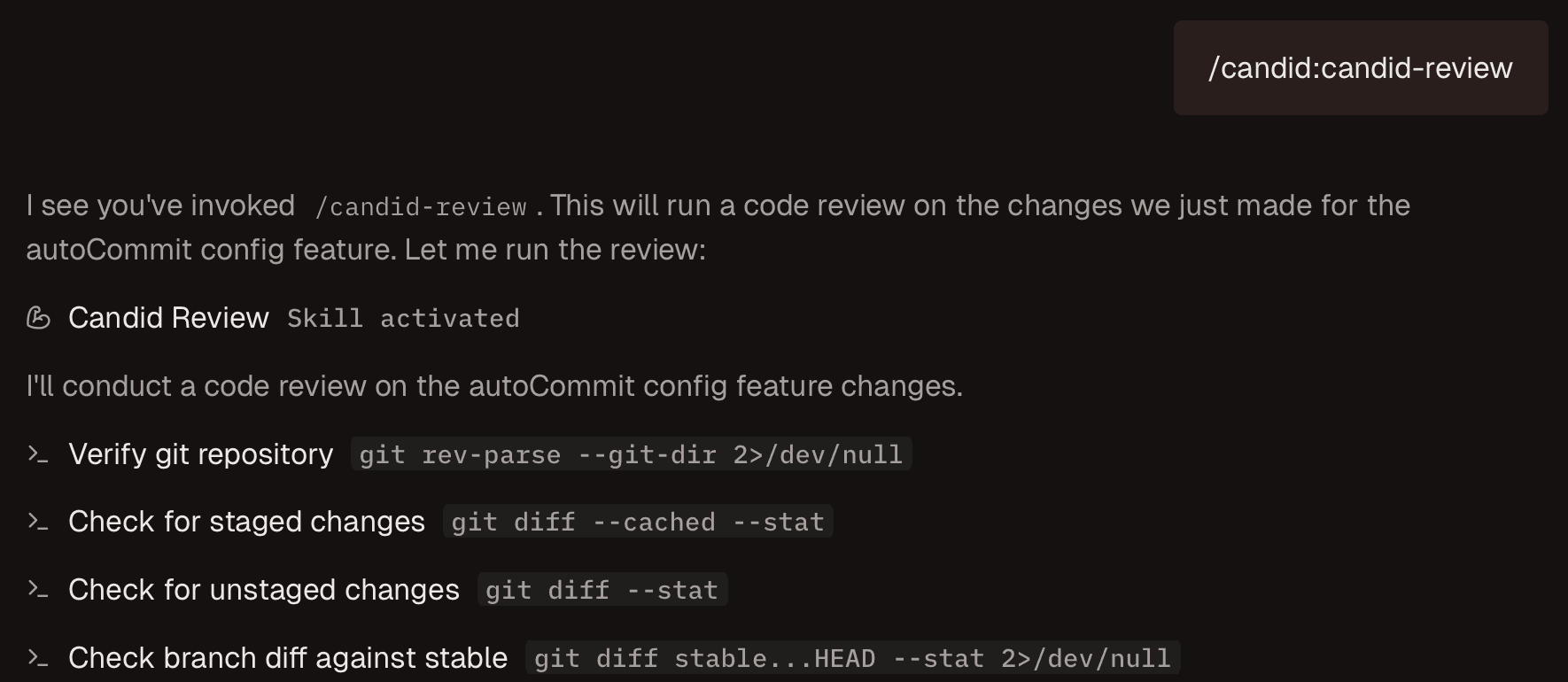 Candid review command activation showing the review process steps